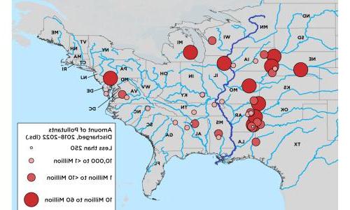 美国地图，红色圆圈代表泰森肉类加工厂, 圆圈的大小取决于污染物的排放量